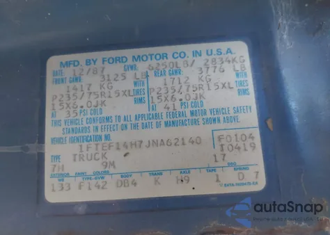 1988 Ford F150 z USA, uszkodzony, nr VIN 1FTEF14H7JNA62140